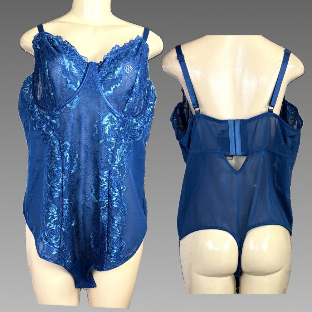 Torrid Curve Sea Jet Blue Mesh Floral Embroidered Underwire Thong Bodysuit 4X
